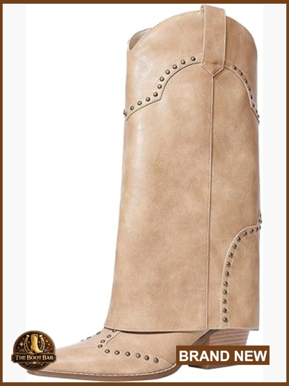 Mid Calf Chunky Heel Studded Shark Boots Fold Over Pull On